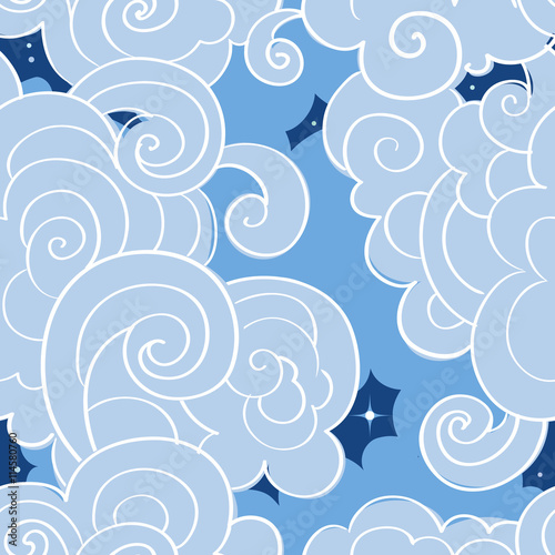 Seamless pattern with stylized clouds and stars