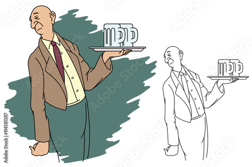 Flat line illustration. Squeamish waiter with beer.
