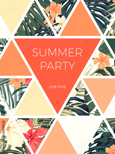 Bright hawaiian design with tropical plants and hibiscus flowers