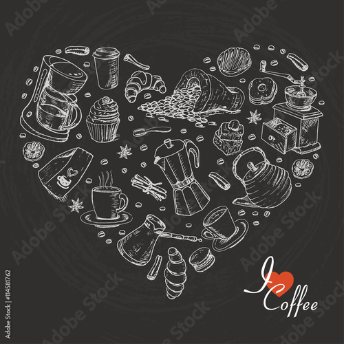 The isolated heart of coffee items on black background