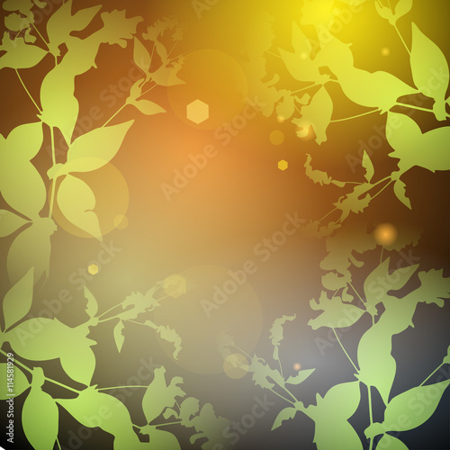 glare  green leaves on a black background. Round banner for text. Vector