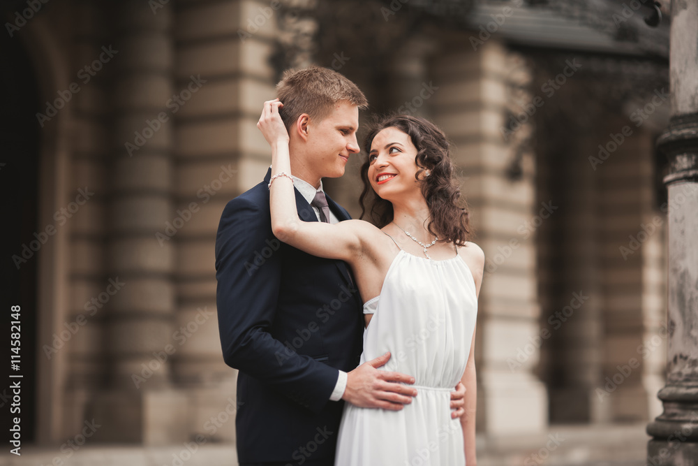 Beautiful wedding couple, bride, groom kissing and hugging against the background of theater Beautiful wedding couple, bride, groom kissing and hugging against the background of theater
