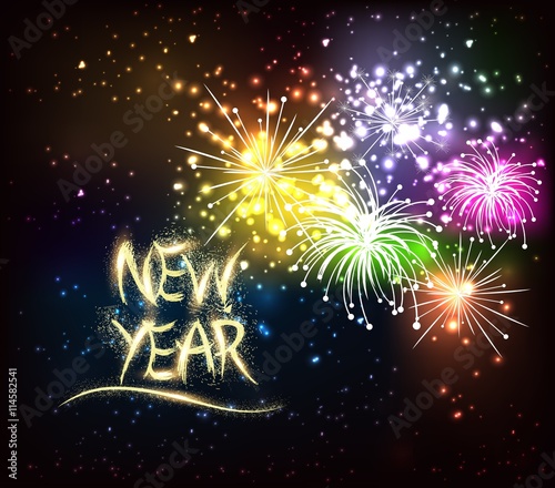 Happy New Year. Holiday. Illustration. Shiny Lettering Composition With Stars And Sparkles