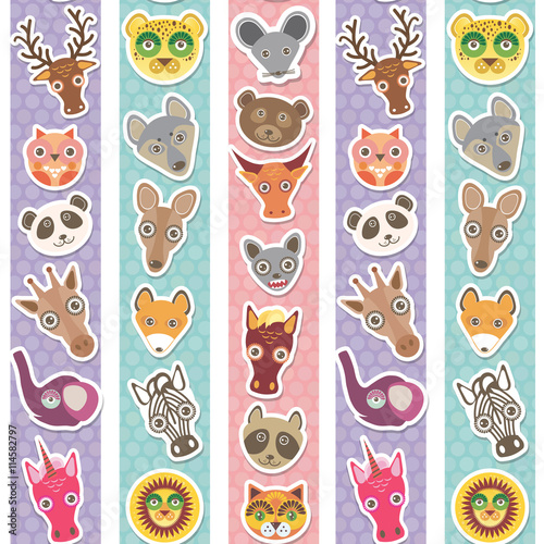 Set of funny animals muzzle seamless pattern with pink lilac blue stripes. Vector