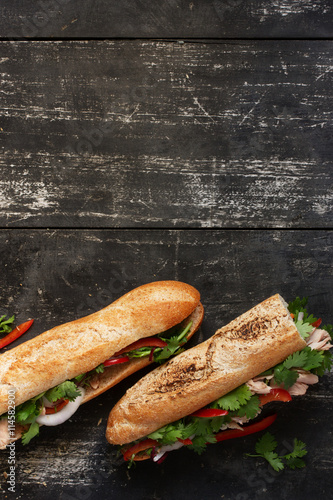 Obraz na płótnie Two tuna sandwich on dark wood background