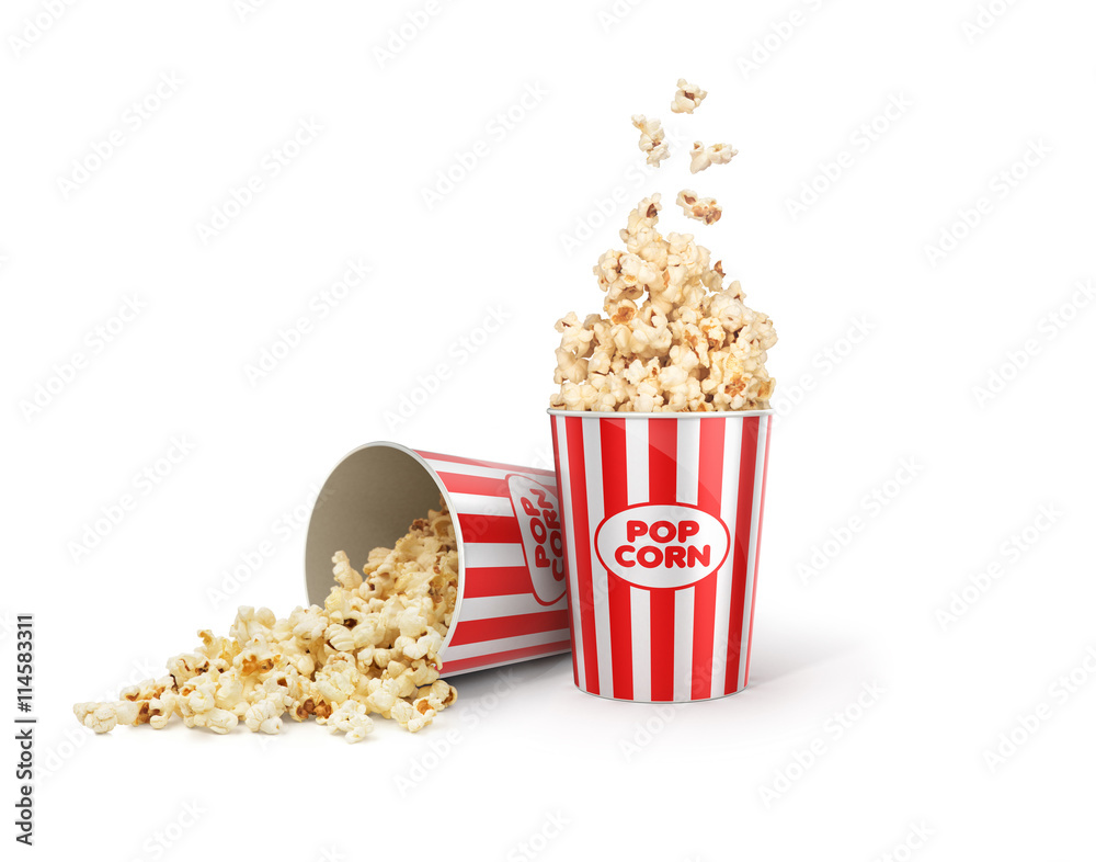 Fototapeta premium Popcorn in striped bucket on white background