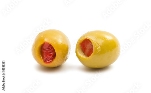 Photography Green olives stuffed with red paprika