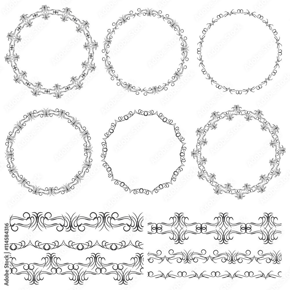 Fototapeta premium Vintage floral elements, black on white background. template for your design. Used pattern brushes included. Seamless pattern for frames and borders. Vector