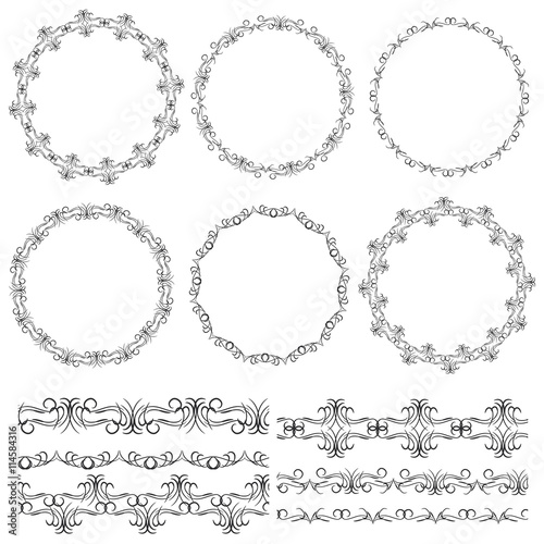 Vintage floral elements, black on white background. template for your design. Used pattern brushes included.  Seamless pattern for frames and borders. Vector