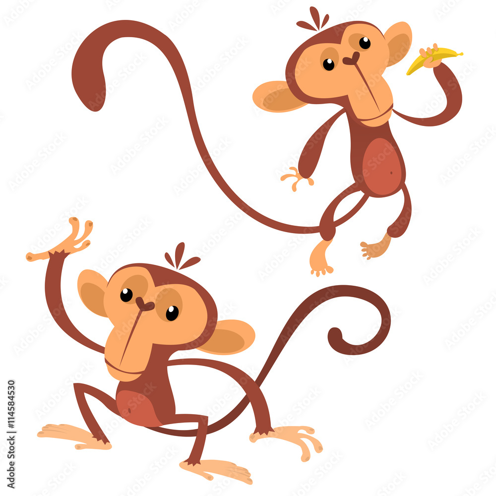 Cartoon monkey animals flat style. Vector dancing monkey set. Jungle  chimpanzee characters icolated on white. Zoo monkey mascot Stock Vector |  Adobe Stock