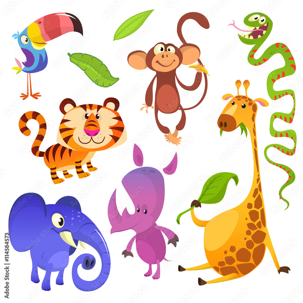 Cartoon tropical animal characters. Wild cartoon cute animals