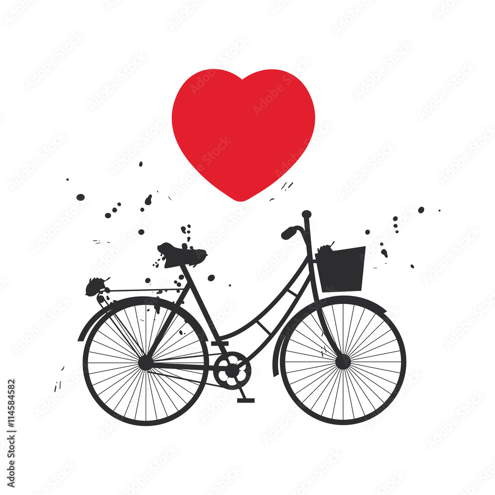  bicycle silhouette and red heart on white background. Vector