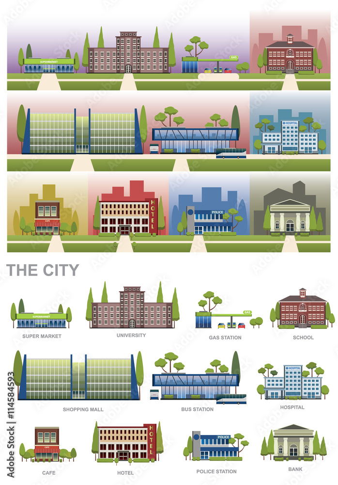 THE CITY  elements with SUPERMARKET, UNIVERSITY, GAS STATION , S