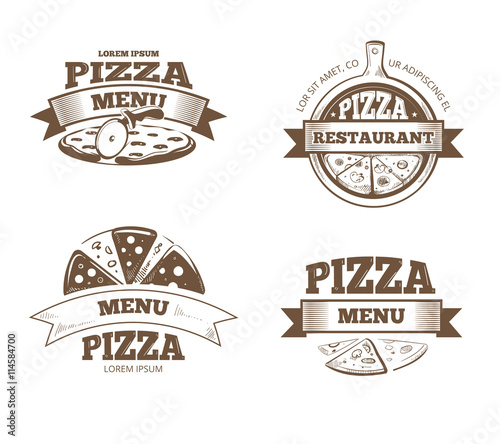 Pizza menu restaurant vector labels, logos, badges, emblems set. Logo for italian pizzeria, restaurant emblem with pizza illustration