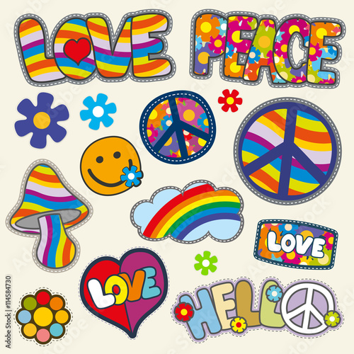 Vintage hippie patches vector set. Set of patches hippie flower and heart, hippie element with color pattern illustration