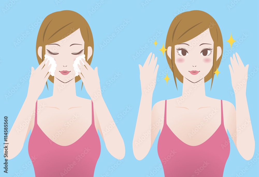 young woman using cleansing soap, before after image illustration young woman using cleansing soap, before after image illustration