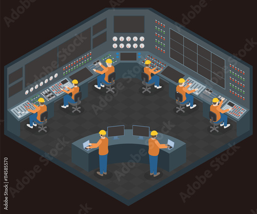 control center room and working engineers, vector illustration