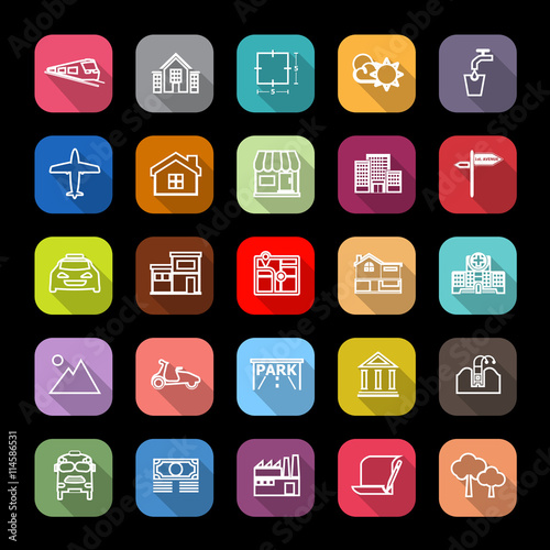 Real estate flat line icons with long shadow