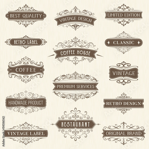 Vector set of ornate calligraphic vintage labels and logo templates. Hotel, restaurant and business identity set.