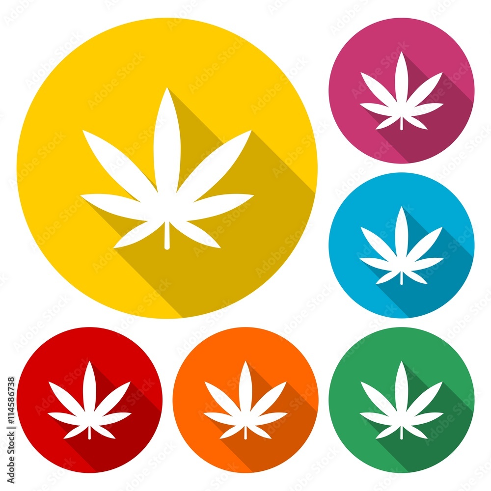 Marijuana leaf icons set with long shadow