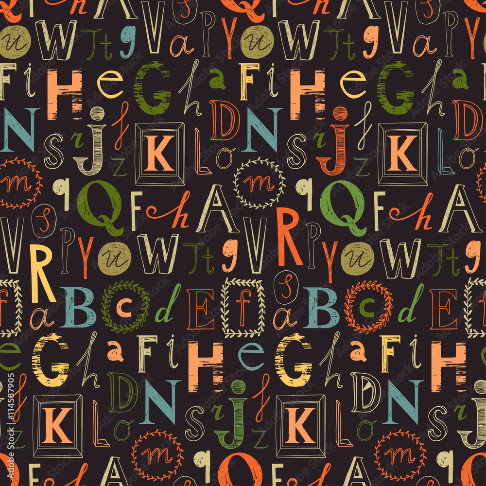 Alphabet seamless background. Cute alphabet design. Set of varied letters. Alphabet seamless background. Cute alphabet design. Set of varied letters.
