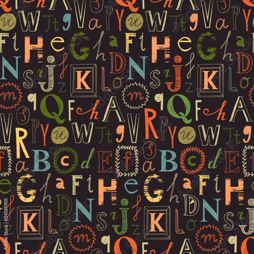Alphabet seamless background. Cute alphabet design. Set of varied letters. 