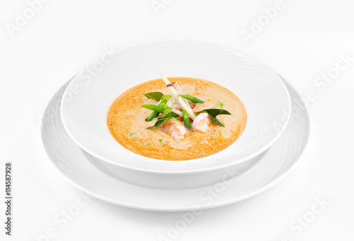Tom Yum soup thai food traditional cuisine with ingredient on white isolated background