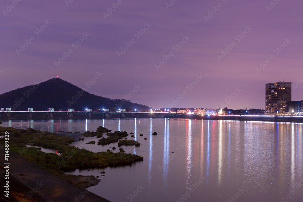 Landscape of inuyama city view with kiso river in night