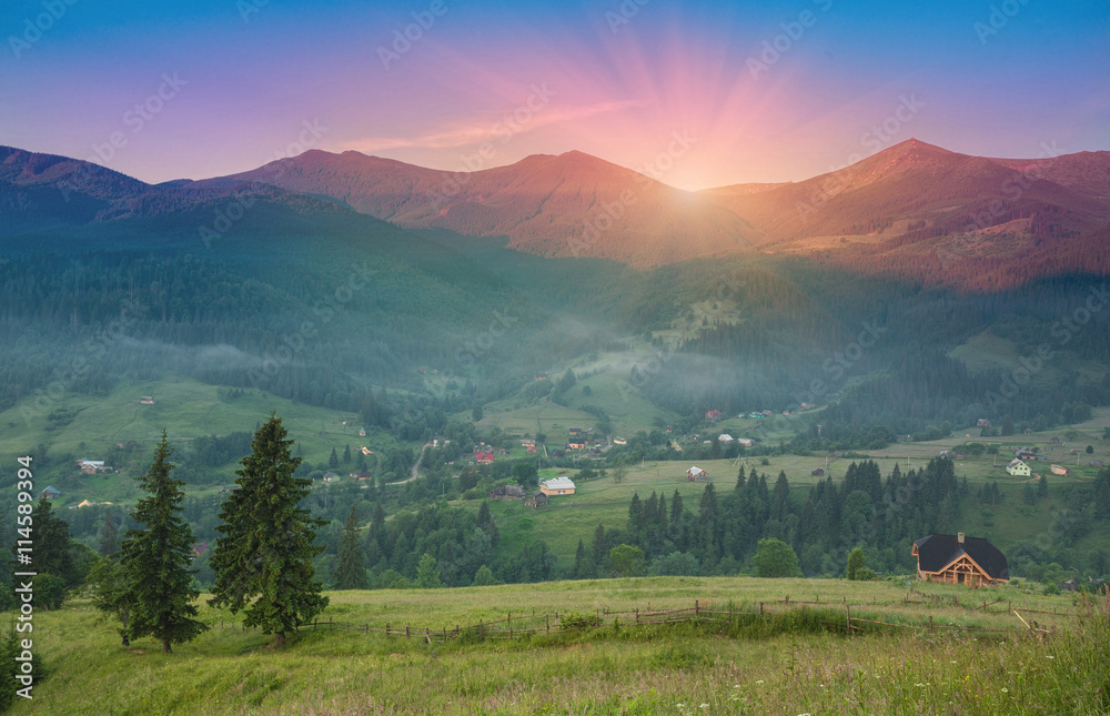 Majestic view of the woods glowing by sunlight at twilight. Dramatic and picturesque morning scene. Location place: Carpathian, Ukraine, Europe. Beauty world. Retro and vintage toning effect. - obrazy, fototapety, plakaty 