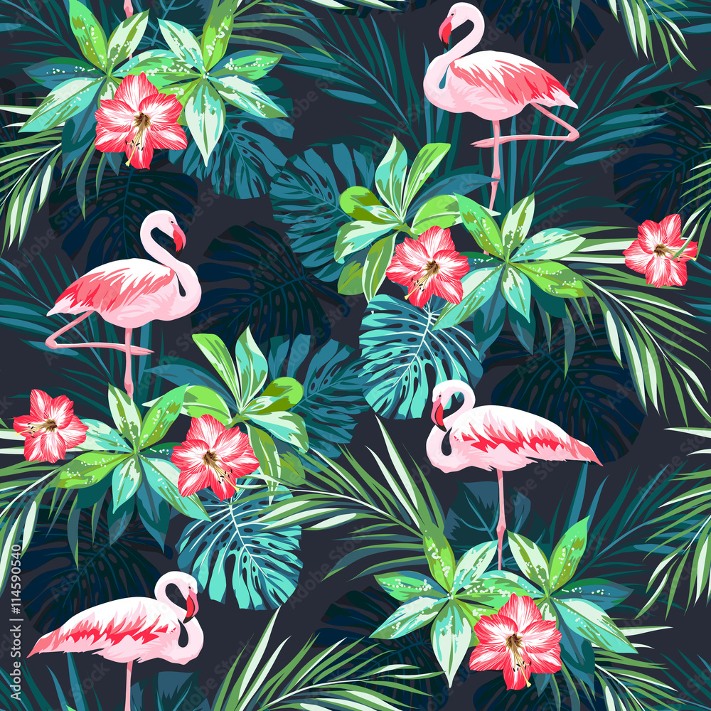 Naklejka premium Tropikalny lato wzór z flamingo ptaków i kwiatów