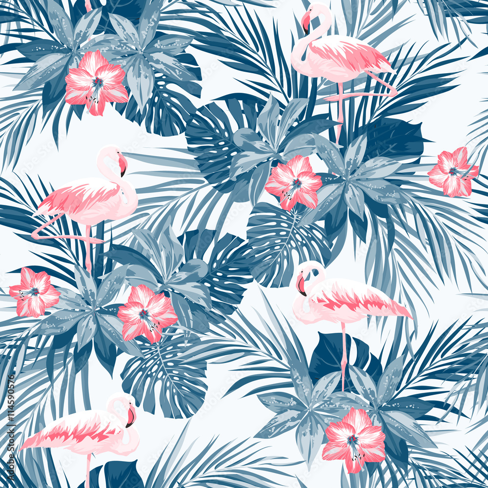 Obraz premium Indygo tropikalny lato wzór z flamingami i egzotycznymi kwiatami