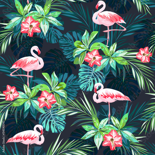 Fototapeta Tropikalnego lata bezszwowy wzór z flamingów ptakami i kwiatami
