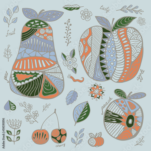 stock vector set of fruit with cherry, pear, peach, apple, leaf