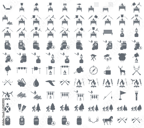 Set of camping equipment pictograms. Vector illustration