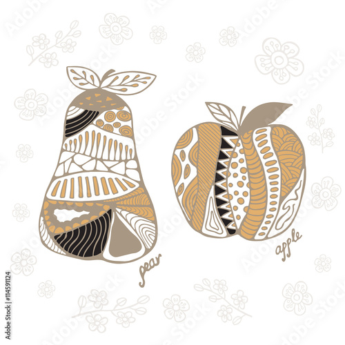 stock vector set of fruit with , pear, apple, leaf and flower. h