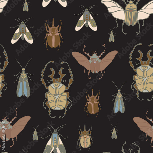 Vector seamless pattern with color beetles on black background