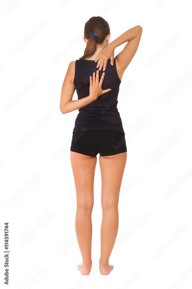 Mujer practicando estiramiento yoga sobre fondo blanco aislado. Vista de frente. Concepto: Deporte Mujer practicando estiramiento yoga sobre fondo blanco aislado. Vista de frente. Concepto: Deporte