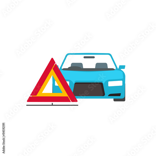Red triangle emergency sign near broken car vector illustration isolated on white background