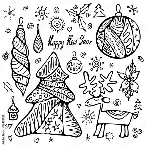 stock vectorchristmas set with tree, boll, snowflakes. hand draw