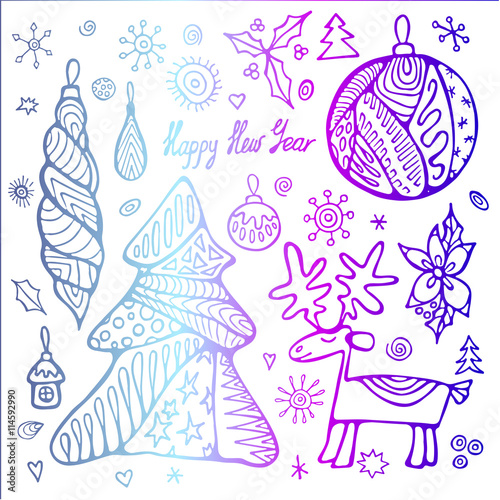 stock vectorchristmas set with tree, boll, snowflakes. hand draw