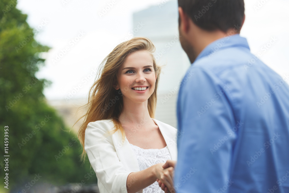 Two people give handshake after agreement. Two people give handshake after agreement.