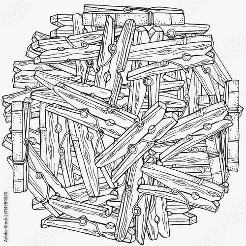 Pattern for coloring book. Wooden clothespins , hand-drawn decorative elements in vector. Black and white pattern. Made by trace from sketch. Zentangle