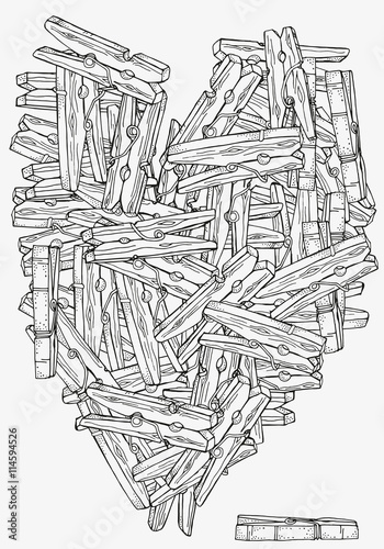 Heart shape pattern with wooden clothespins for coloring book. Clothespins, hand-drawn decorative elements in vector. Black and white pattern. Made by trace from sketch. Zentangle
