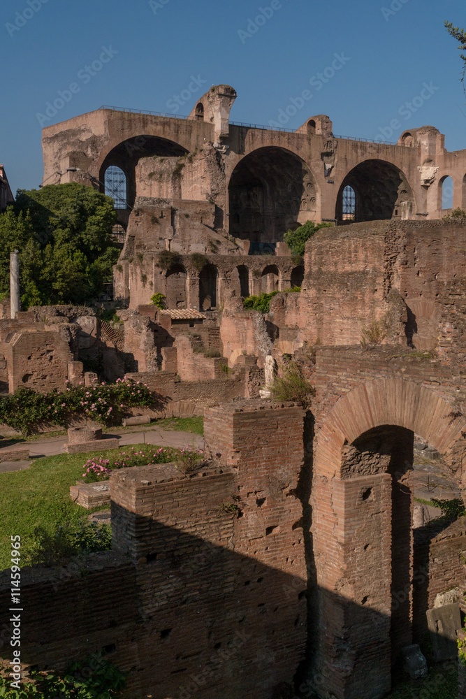 Detailaufnahme Mauern, Rundbögen und Maxentiusbasilika im Forum Romanum in Rom