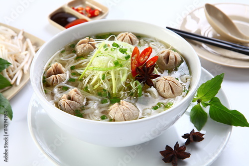 Pho bo vien or Vietnamese traditional noodle with beef balls