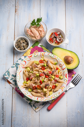 pasta with tuna capers avocado and anchovy