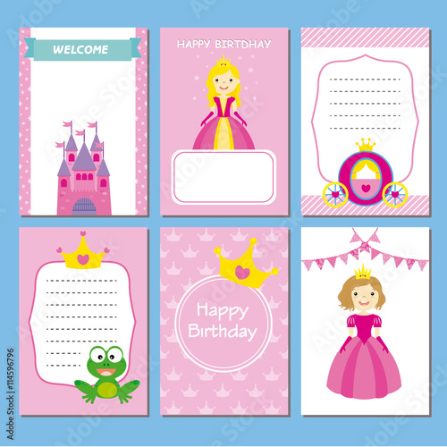 girl birthday party cards. princesses set
