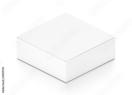 White flat horizontal rectangle blank box from isometric angle. © Mockup Cake