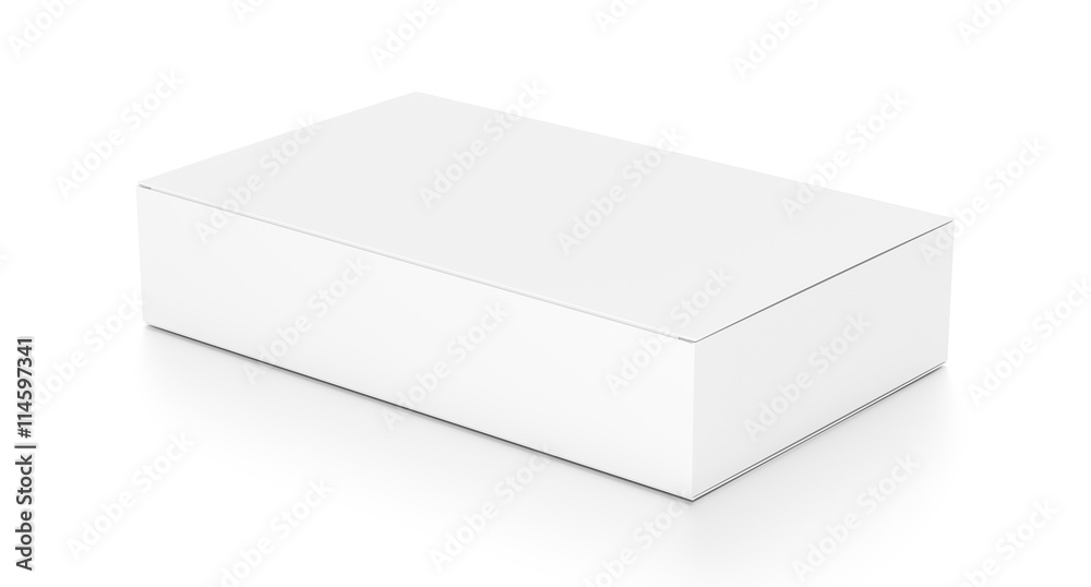White wide flat horizontal rectangle blank box from top side angle. White wide flat horizontal rectangle blank box from top side angle.
