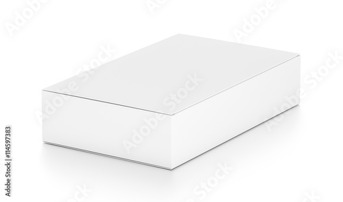 White wide flat horizontal rectangle blank box from side angle. © Mockup Cake